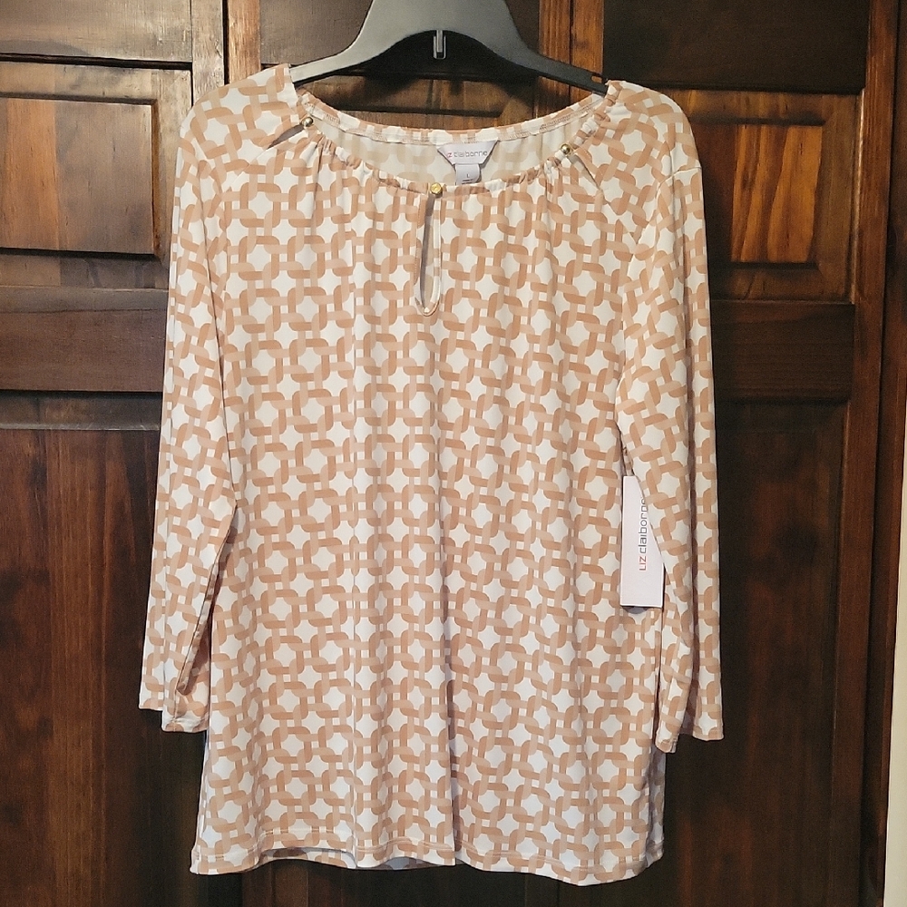 Liz Claiborne Tan and White Patterned Blouse